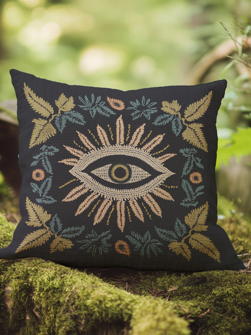A black woven throw pillow featuring intricate embroidery of an Evil Eye motif in gold, ivory, and green, surrounded by detailed botanical flourishes.
